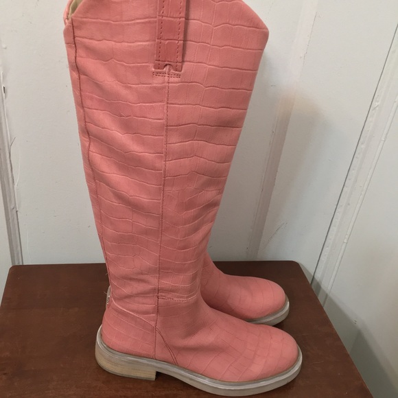 Sam Edelman Fable Cedarwood Croc Leather block Heel Rounded Toe Knee High Boots - Picture 2 of 11